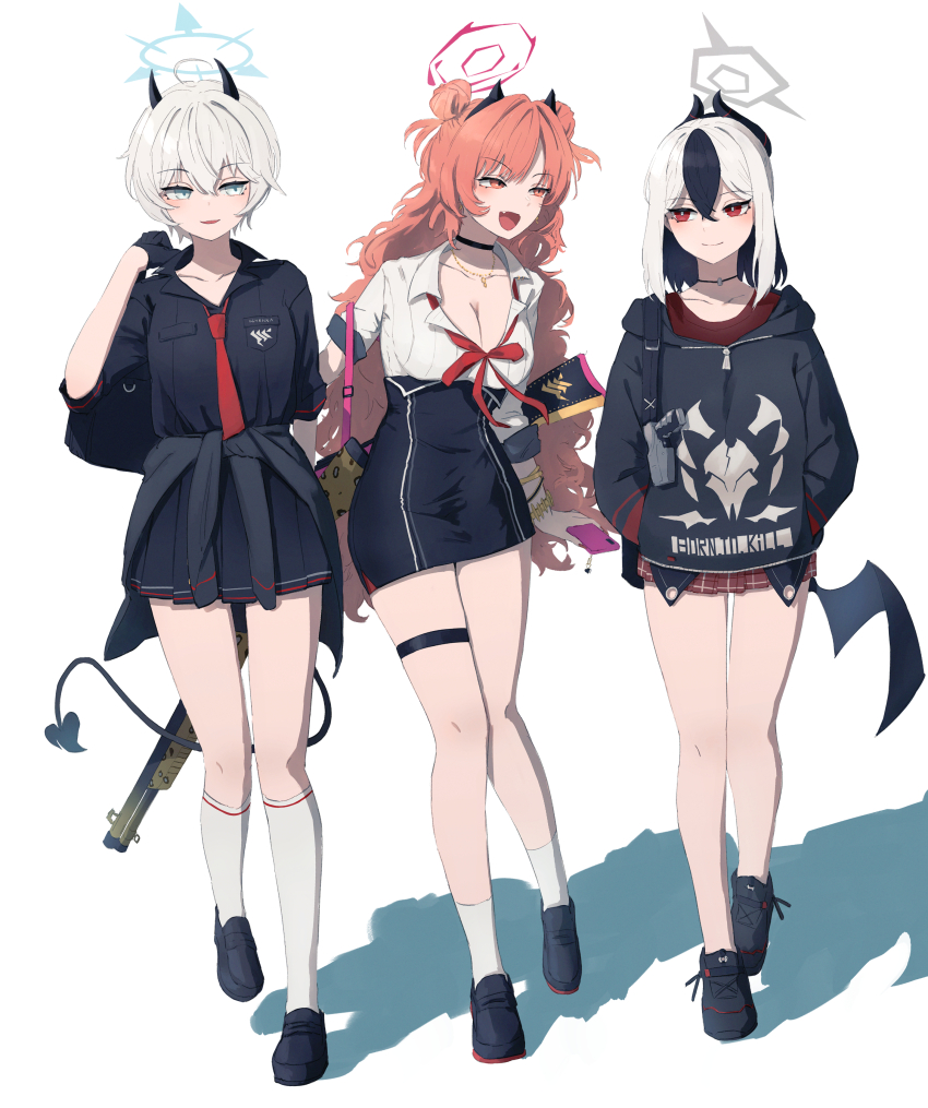 3girls :d absurdres ahoge animal_print arm_behind_back assault_rifle asymmetrical_sleeves bag black_choker black_footwear black_gloves black_hair black_hoodie black_jacket black_shirt black_skirt black_tail black_wings blue_archive blue_halo bracelet breast_pocket breasts bright_pupils carbine choker cleavage closed_mouth clothes_around_waist collarbone collared_shirt curly_hair demon_horns demon_tail demon_wings dot_nose double_bun earrings erika_(blue_archive) fabarm_sdass fake_horns fake_nails fang fingernails full_body gehenna_academy_logo gloves grey_eyes grey_halo gun gyaru h&amp;k_hk33 h&amp;k_p30 hair_between_eyes hair_bun hair_intakes halo handgun hands_in_pockets heckler_&amp;_koch highres holding holding_bag holding_gun holding_phone holding_weapon holster holstered hood hoodie horns jacket jacket_around_waist jewelry kayoko_(blue_archive) kirara_(blue_archive) large_breasts leopard_print light_smile loafers long_fingernails long_hair long_sleeves looking_at_another loose_necktie low_wings medium_hair miniskirt mismatched_sleeves mole mole_on_collarbone multicolored_hair multiple_bracelets multiple_girls necklace necktie open_collar open_mouth pencil_skirt phone pink_hair pink_halo plaid_clothes plaid_skirt pleated_skirt pocket print_hoodie red_eyes red_necktie red_skirt rifle school_bag school_uniform shadow shirt shoes short-barreled_rifle short_hair shotgun sidelocks simple_background single_wing skirt sleeves_rolled_up small_breasts smile sneakers socks tail thigh_strap thighs two-tone_hair very_long_hair walking wavy_hair weapon weapon_on_back white_background white_hair white_pupils white_shirt white_socks wings y4mori_gekko