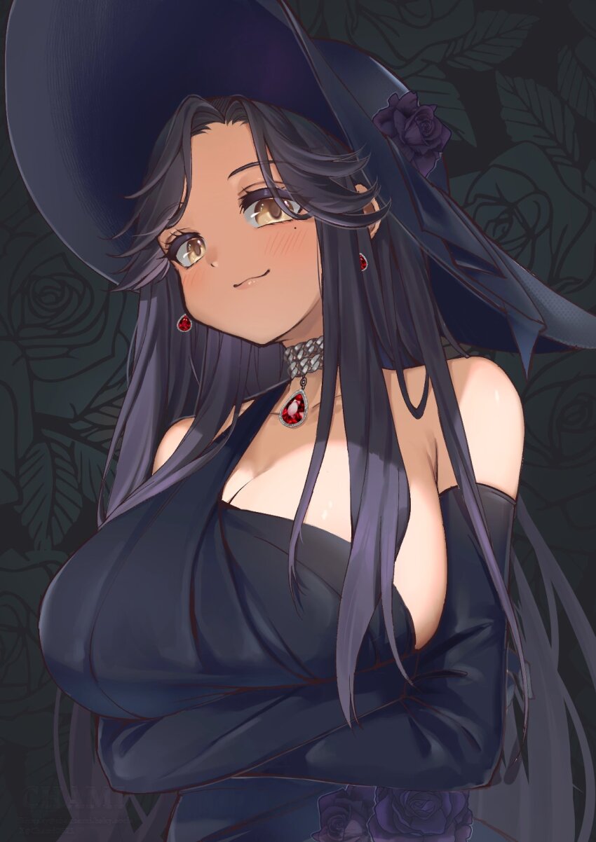 1girl :3 arms_under_breasts black_dress black_flower black_gloves black_hair black_hat black_rose blush breasts chami_(charming621) cleavage collar collar_jewel crossed_arms dolphin_wave dress elbow_gloves floral_background flower gloves hat highres hirasaka_yuno huge_breasts long_hair looking_at_viewer mole mole_under_eye red_brooch rose smile solo sun_hat upper_body yellow_eyes