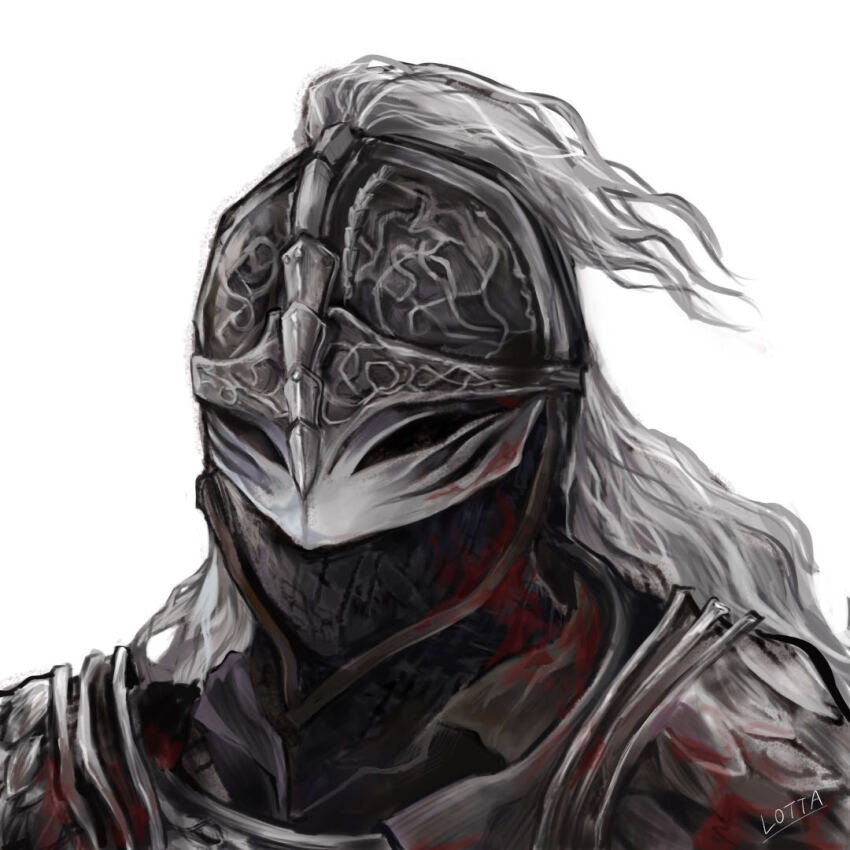 1other ambiguous_gender armor artist_name blood blood_on_armor bloody_wolf_(elden_ring) covered_face elden_ring helm helmet luo_ta_(user_ywpn7542) muted_color other_focus portrait shoulder_pads simple_background solo tarnished_(elden_ring) white_background