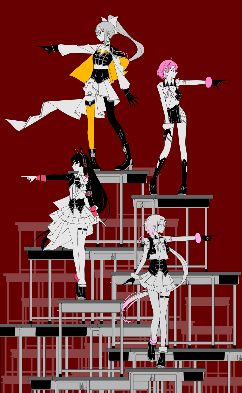 4girls absurdres ahoge animal_ear_headphones animal_ears asymmetrical_legwear black_eyes black_gloves black_hair black_thighhighs boots boutonniere closed_mouth commentary_request corset cropped_jacket desk dress earrings expressionless fake_animal_ears floating_earrings gloves gradient_hair grey_hair hand_on_own_leg headphones high_heel_boots high_heels highres higuchi_kaede hime_cut hinoyama_ena idol_clothes jewelry knee_boots kumeta_kouji_(style) long_hair long_sleeves looking_to_the_side low_ponytail mismatched_legwear multicolored_hair multiple_girls nijisanji no_sclera orange_thighhighs parody pink_hair pointing pointing_to_the_side ponytail profile rabbit_ear_headphones red_background romper sasaki_saku school_desk shiina_yuika shirt short_hair short_shorts shorts shorts_under_skirt side_cape sidelocks skirt sleeve_cuffs sleeveless sleeveless_dress standing standing_on_desk standing_on_one_leg streaked_hair style_parody thigh_strap thighhighs tsukino_mito very_long_hair vest virtual_youtuber white_shirt white_skirt