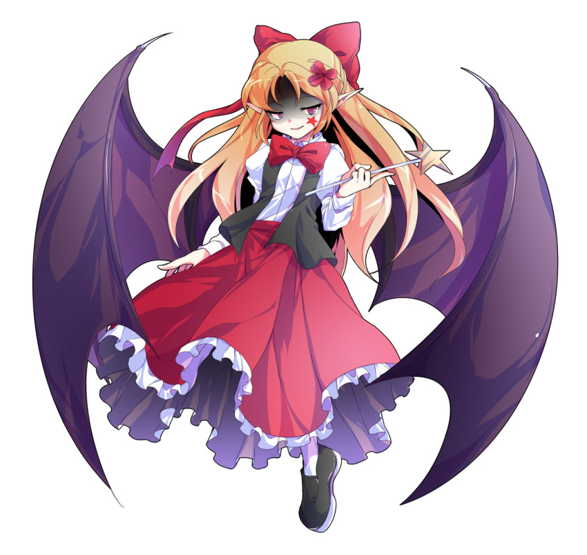 1girl alphes_(style) bat_wings black_shoes black_vest blonde_hair bow bowtie collared_shirt commentary_request dairi elis_(touhou) facial_mark flower frilled_skirt frills full_body hair_bow hair_flower hair_ornament half-closed_eyes holding holding_wand large_variant_set left-handed loafers long_hair long_skirt long_sleeves looking_at_viewer mark_under_eye open_clothes open_vest parody parted_lips pointy_ears puffy_long_sleeves puffy_sleeves purple_eyes red_bow red_bowtie red_skirt shaded_face shirt shoes simple_background skirt smile socks solo star_(symbol) style_parody tachi-e touhou touhou_(pc-98) transparent_background variant_set vest wand white_shirt white_socks wings