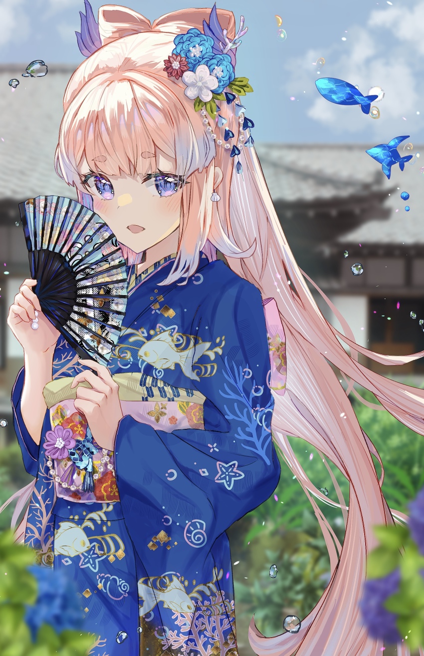 1girl absurdres animal_print architecture blue_eyes blue_hair blue_kimono blue_sky blurry blurry_foreground blush bow-shaped_hair commission earrings east_asian_architecture fish fish_print floating_earring folding_fan furisode genshin_impact gradient_hair hair_ornament hand_fan highres holding holding_fan isuzu_(an_icy_cat) japanese_clothes jewelry kimono light_blue_hair long_hair looking_at_viewer multicolored_hair obi open_mouth pink_hair ponytail purple_eyes purple_hair sangonomiya_kokomi sash shell shell_earrings shell_print skeb_commission sky smile solo starfish_print thick_eyebrows wide_sleeves