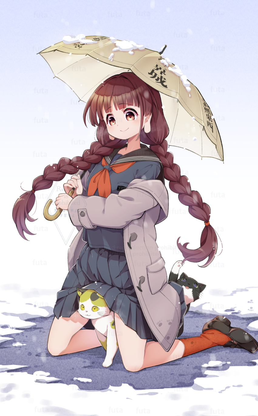 1girl alternate_costume black_sailor_collar black_serafuku black_shirt black_shoes black_skirt braid brown_eyes brown_hair cat closed_mouth commentary_request futa_(nabezoko) highres holding holding_umbrella jacket long_earlobes long_hair long_sleeves neckerchief open_clothes open_jacket pleated_skirt red_neckerchief red_socks sailor_collar school_uniform serafuku shirt shoes skirt smile snow socks solo touhou translation_request twin_braids umbrella very_long_hair watermark yatadera_narumi