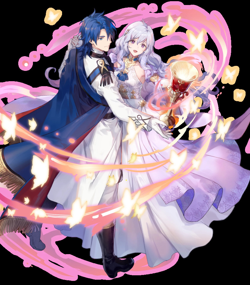 1boy 1girl azu-taro ballgown ballroom_dancing ballroom_dress ballroom_gown black_footwear blue_eyes blue_hair boots bug butterfly cape chalice couple cup deirdre_(fire_emblem) deirdre_(masquerade)_(fire_emblem) dress fire_emblem fire_emblem:_genealogy_of_the_holy_war fire_emblem_heroes full_body gloves glowing highres husband_and_wife insect knee_boots light_purple_hair long_dress long_hair long_sleeves matching_hair/eyes nintendo official_art pants purple_eyes short_hair sigurd_(fire_emblem) sigurd_(masquerade)_(fire_emblem) smile transparent_background white_gloves