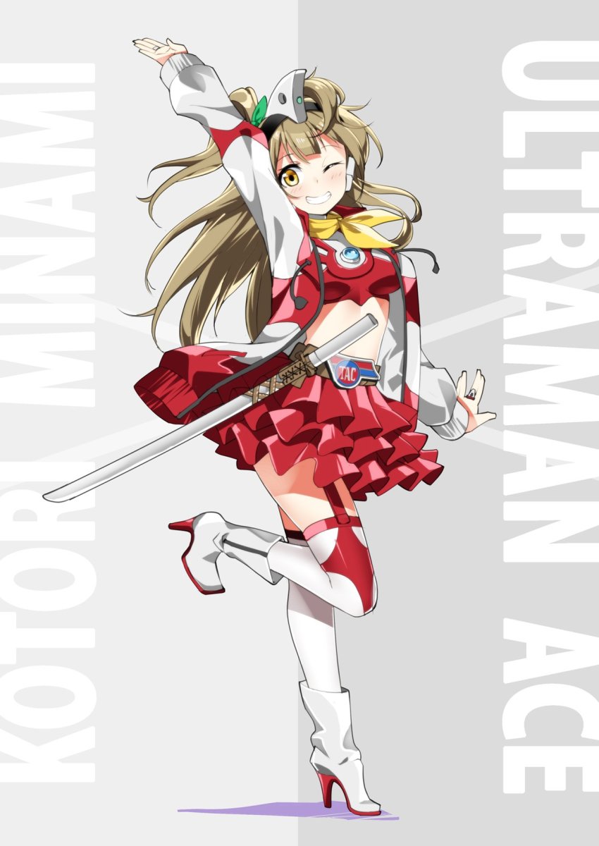 1girl ahoge arm_up blush boots breasts character_name color_timer commentary cosplay crossover english_text frilled_skirt frills full_body garter_straps grey_background grey_hair headphones high_heel_boots high_heels highres jacket jewelry katana large_breasts leg_up long_hair looking_at_viewer love_live! love_live!_school_idol_project midriff minami_kotori one_eye_closed one_side_up ring sasanon_(sasapoliton) scarf sheath skirt smile solo standing sword thighhighs two-tone_background ultra_series ultraman_ace ultraman_ace_(cosplay) ultraman_ace_(series) weapon yellow_eyes yellow_scarf