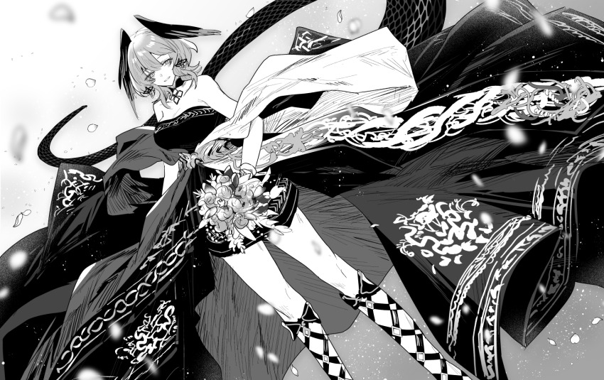 1girl ambience_synesthesia arknights bare_shoulders black_choker bouquet bracelet choker dress feathered_wings feet_out_of_frame flower greyscale hair_between_eyes hair_ornament head_wings ho&#039;olheyak_(arknights) ho&#039;olheyak_(carriage_of_the_winds_of_time)_(arknights) holding holding_bouquet iwashi_80 jewelry looking_at_viewer medium_hair monochrome official_alternate_costume shawl smile snake_tail solo strapless strapless_dress tail wings