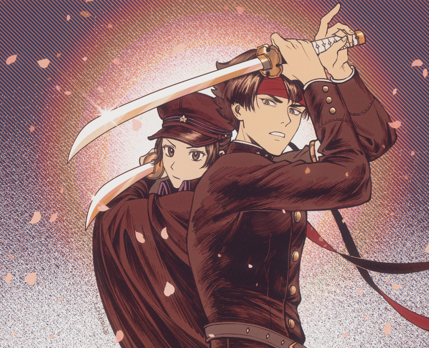 1boy 1girl :/ ace_attorney arms_up belt black_eyes bright_pupils brown_belt brown_cape brown_hair brown_hat brown_jacket buttons cape chinese_commentary clenched_teeth closed_mouth commentary_request falling_petals glint hat headband height_difference highres holding holding_sword holding_weapon jacket katana kaze_(yznyttdgs) kazuma_asogi petals red_headband short_hair susato_mikotoba sword teeth the_great_ace_attorney v-shaped_eyebrows weapon white_pupils