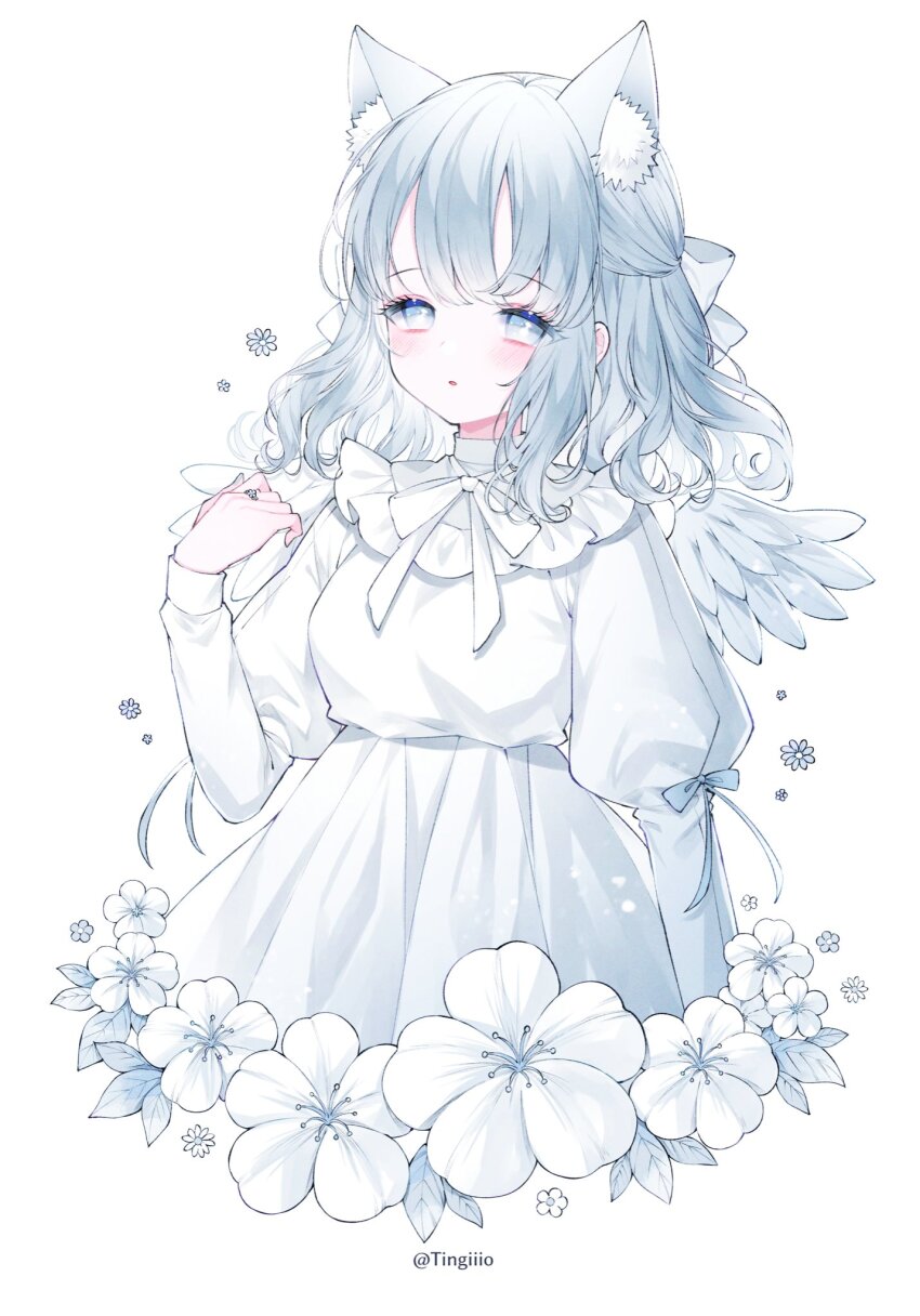 1girl animal_ear_fluff animal_ears blush bow cat_ears commentary_request cropped_torso dress eyelashes eyes_visible_through_hair feathered_wings flower grey_eyes grey_hair grey_ribbon hair_bow highres jewelry juliet_sleeves long_sleeves medium_hair neck_ribbon original parted_lips puffy_sleeves ribbon ring simple_background sleeve_ribbon solo tareme ting_(tingiiio) white_background white_bow white_dress white_flower white_ribbon wings