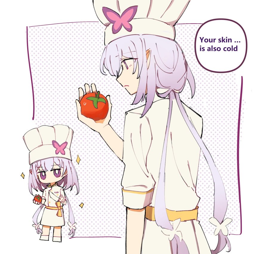 1girl beibc_eee butterfly_hat_ornament castorice_(chrysos_chef)_(honkai:_star_rail) castorice_(honkai:_star_rail) chef_hat chibi commentary dress english_text hat hat_ornament highres holding holding_knife honkai:_star_rail honkai_(series) kitchen_knife knife multiple_views official_alternate_costume pointy_ears polka_dot polka_dot_background purple_eyes purple_hair speech_bubble symbol-only_commentary white_dress