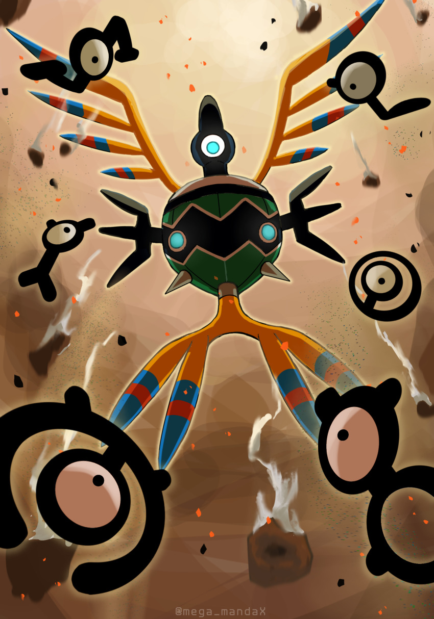animal_focus blue_eyes debris floating game_freak gen_2_pokemon gen_5_pokemon highres looking_at_viewer mega_mandax nintendo no_humans pokemon pokemon_(creature) sigilyph solo twitter_username unown unown_b unown_l unown_m unown_o unown_s unown_y