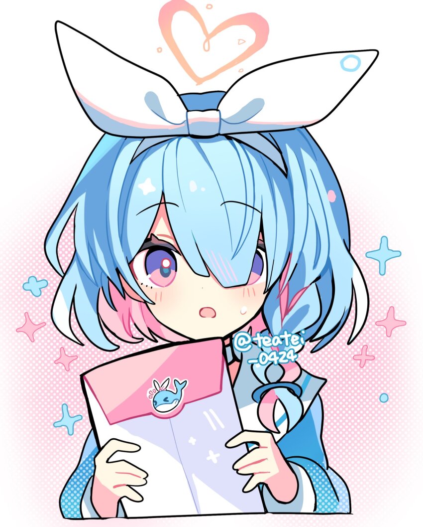 1girl arona_(blue_archive) blue_archive blue_hair blue_shirt blush bow_hairband braid choker clipboard commentary cropped_torso hair_over_one_eye hairband halo heart heart_halo highres holding holding_clipboard long_hair long_sleeves looking_at_viewer multicolored_hair open_mouth pink_hair purple_eyes sailor_collar shirocha_tei shirt single_braid solo sweatdrop twitter_username two-tone_hair white_background white_choker white_hairband white_sailor_collar