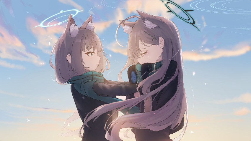 2girls absurdres animal_ear_fluff animal_ears black_dress black_gloves blue_archive blue_eyes blue_jacket blue_scarf closed_eyes crying dress extra_ears gloves hair_behind_ear hair_between_eyes highres jacket long_hair looking_at_another multiple_girls nekoplanetouo scarf scarf_over_mouth shiroko_(blue_archive) shiroko_terror_(blue_archive) sidelocks sky streaming_tears tears wolf_ears wolf_girl