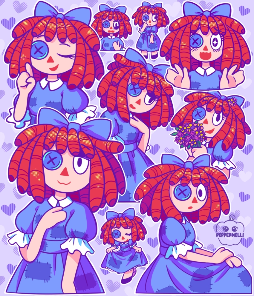 1girl artist_name blue_bow blue_dress bouquet bow button_eyes buttons curtsey dress flower hair_bow hand_up heart highres holding holding_bouquet index_finger_raised multiple_views patch peppermelli purple_background ragatha_(the_amazing_digital_circus) red_hair short_sleeves simple_background the_amazing_digital_circus triangle_nose
