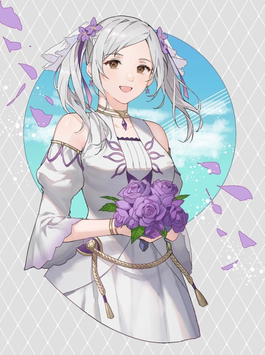 1girl ai_tkkm alternate_costume bouquet bridal_veil brown_eyes commentary_request detached_sleeves dress earrings female_robin_(fire_emblem) fire_emblem fire_emblem_awakening floating_hair flower hair_flower hair_ornament highres holding holding_bouquet jewelry long_hair looking_at_viewer nintendo open_mouth petals purple_flower purple_rose rose smile solo swept_bangs twintails veil wedding_dress white_dress white_hair