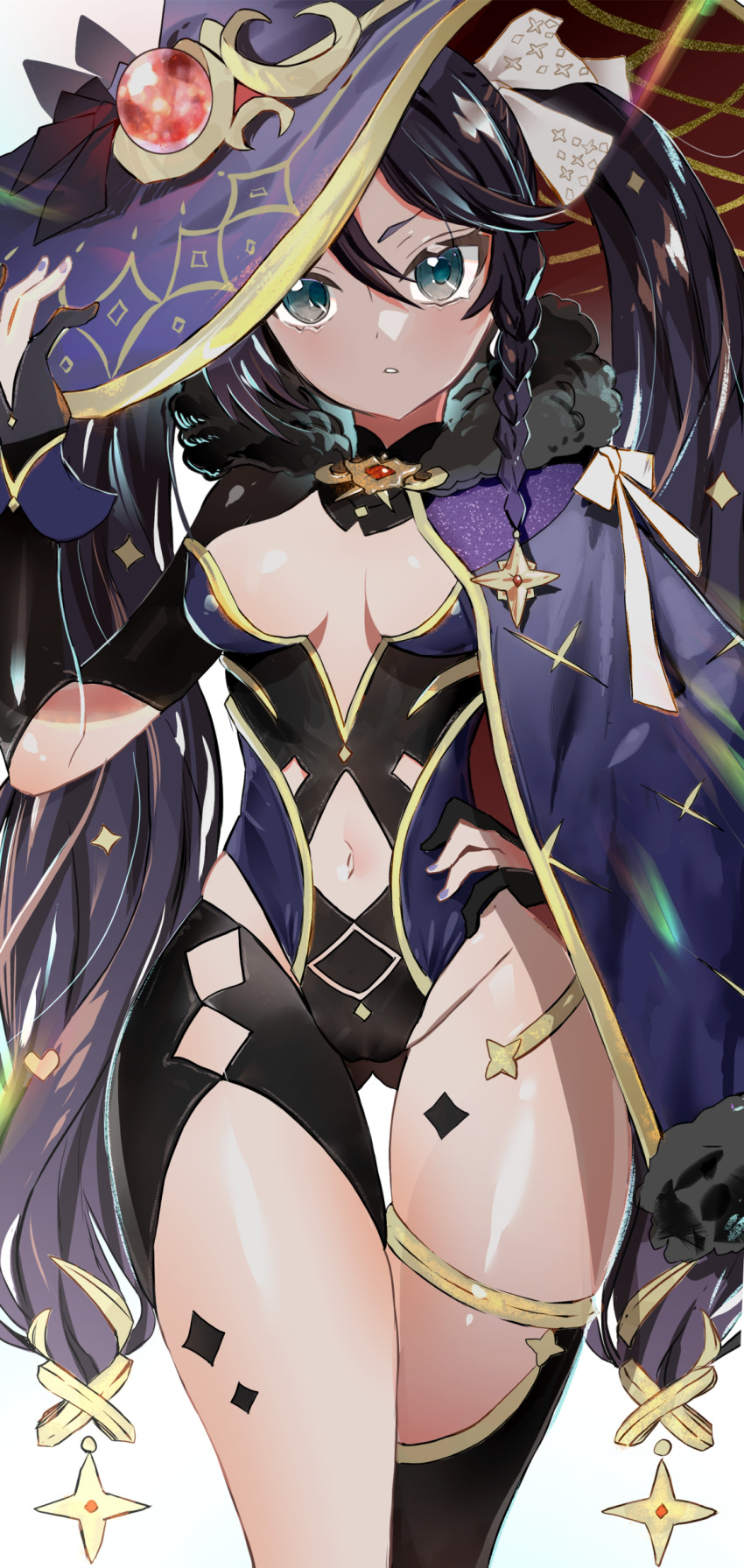 1girl absurdres asymmetrical_legwear black_gloves black_hair braid breasts cape clothing_cutout cowboy_shot genshin_impact gloves gluteal_fold gold_trim green_eyes groin hand_on_own_hip hat highres jewelry leotard long_hair looking_at_viewer mona_(genshin_impact) navel navel_cutout parted_lips partially_fingerless_gloves ryoma_(rym_369) single_braid small_breasts solo thighlet thighs very_long_hair witch_hat