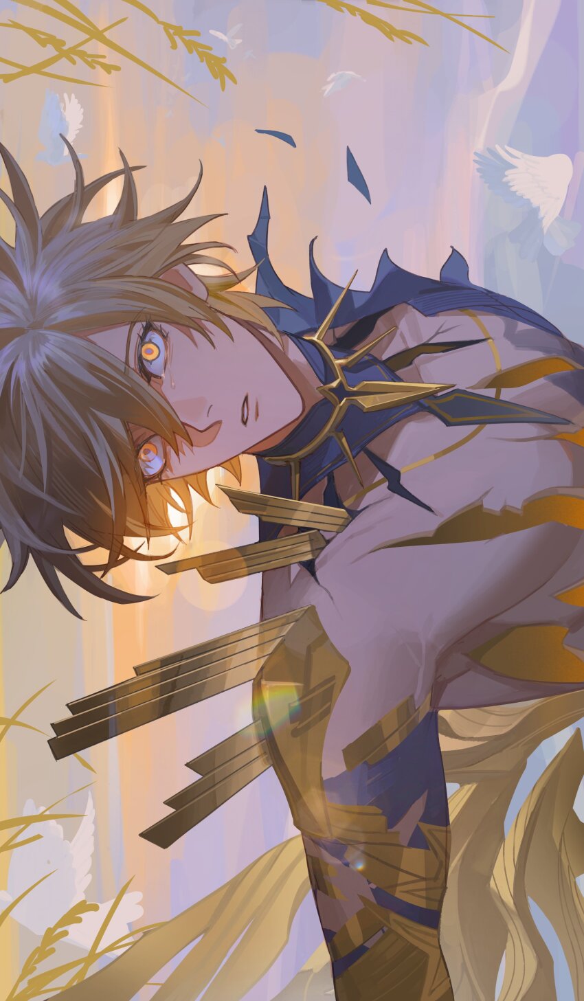 1boy absurdres alternate_form bare_pectorals black_shirt blonde_hair commentary cracked_skin english_commentary hair_between_eyes highres honkai:_star_rail honkai_(series) kiraandfriends male_focus material_growth outdoors pectorals phainon_(honkai:_star_rail) shirt short_hair sideways solo tears torn_clothes torn_shirt wheat_field yellow_blood yellow_eyes