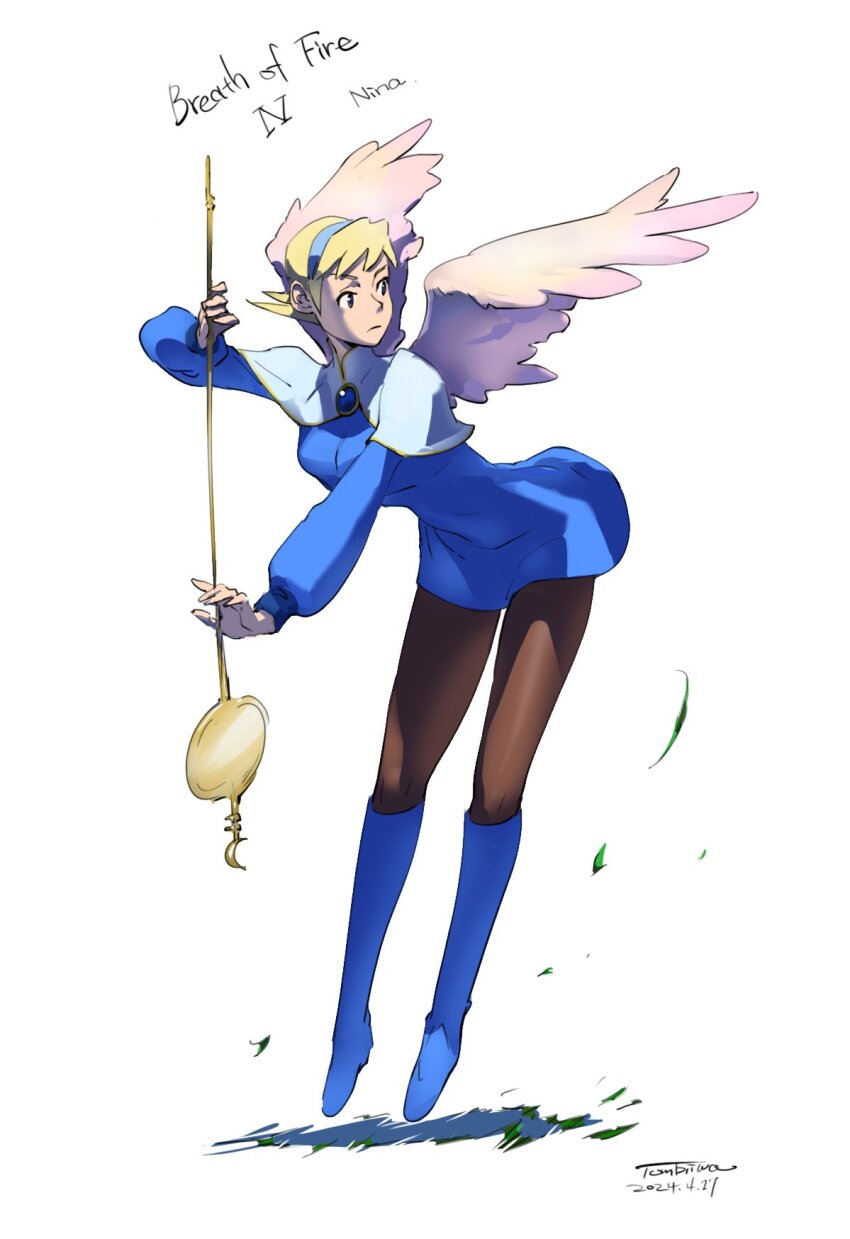 1girl angel_wings blonde_hair blue_boots blue_eyes boots breasts breath_of_fire breath_of_fire_iv brooch closed_mouth dated dress feathered_wings full_body grass hairband highres holding holding_staff jewelry knee_boots nina_(breath_of_fire_iv) pantyhose pink_wings short_hair signature simple_background solo staff tombiiwa very_short_hair white_background wings