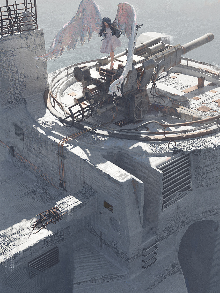 1girl absurdres airfish_(lefko_d) angel_wings barefoot black_hair cannon concrete dress feathered_wings from_above highres long_hair machinery mixed-language_commentary original rebar shadow ship_turret solo standing water white_dress white_wings wings