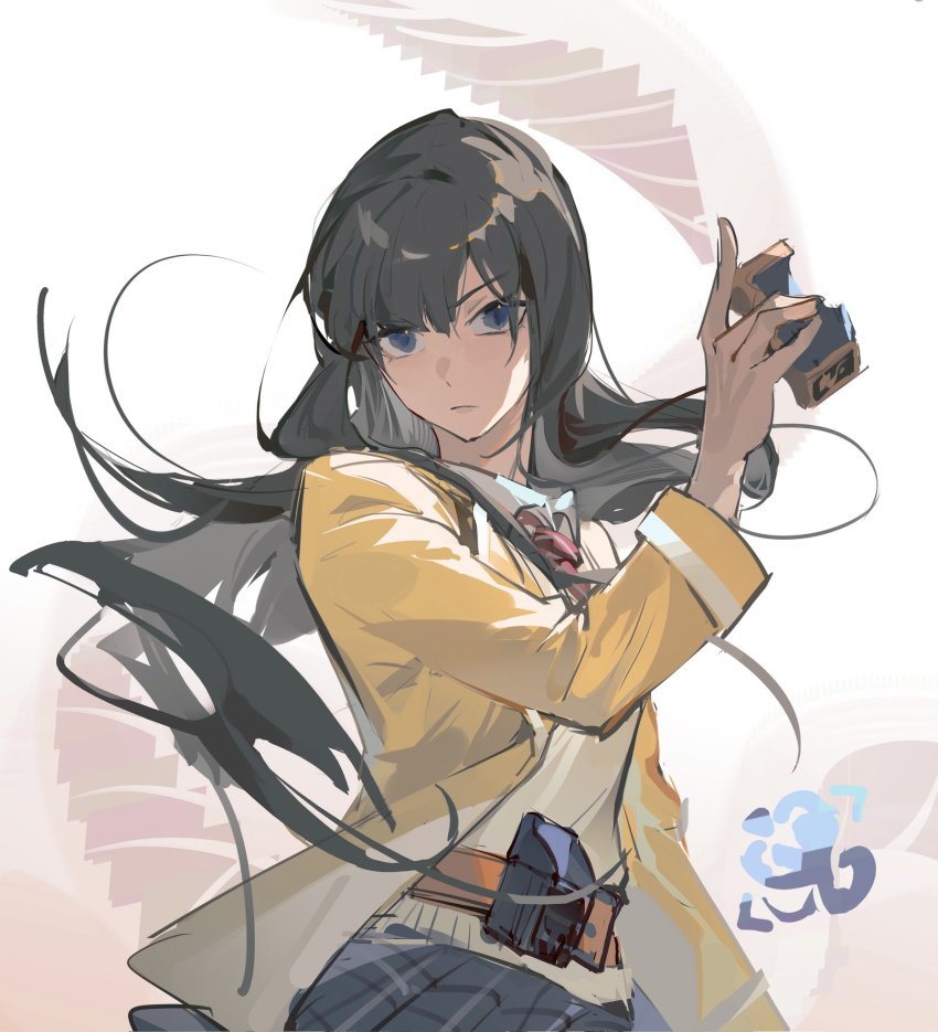 1girl black_hair blue_eyes cobra_(animal) cobra_genome commentary_request dna helix henshin highres igarashi_sakura jacket kamen_rider kamen_rider_revice libera_driver long_hair looking_at_viewer necktie red_necktie rider_belt school_uniform shuimian_touzhi stairs transformation vistamp white_background yellow_jacket