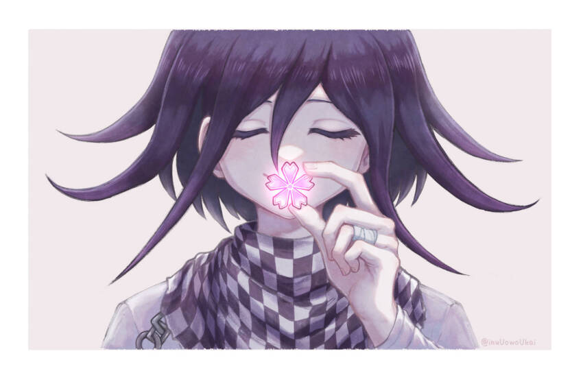 1boy black_hair checkered_neckerchief closed_eyes danganronpa_(series) danganronpa_v3:_killing_harmony facing_viewer flipped_hair grey_background grey_jacket hair_between_eyes hand_up holding inukai_(inuuowoukai) jacket long_sleeves male_focus medium_hair neckerchief oma_kokichi smile solo white_background
