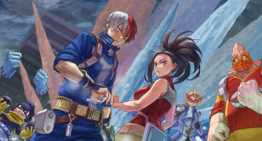 2girls 4boys absurdres angry aoyama_yuuga armor black_bodysuit black_hair blonde_hair blue_gloves blue_pants blue_shirt bodysuit boku_no_hero_academia clenched_hand clenched_teeth commentary_request gloves hagakure_toru highres ice koda_koji looking_at_viewer mask mineta_minoru multicolored_hair multiple_boys multiple_girls pants rain red_hair red_shirt shirt superhero_costume teeth todoroki_shoto white_hair yaoyorozu_momo yellow_pants yomoyama_yotabanashi