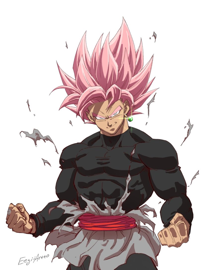 1boy abs clenched_hands commentary covered_abs dragon_ball dragon_ball_super earrings eegiiartto evil_smile goku_black grey_eyes highres jewelry male_focus muscular muscular_male pink_hair shirt signature single_earring smile solo super_saiyan super_saiyan_rose tight_clothes tight_shirt torn_clothes upper_body