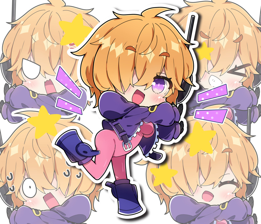 &gt;_&lt; 1girl :d blank_eyes blush bodysuit boots chibi chibi_only closed_eyes commentary fang grin hair_over_one_eye highres hood hood_down hooded_jacket jacket long_sleeves milkpanda multiple_views one_piece open_clothes open_jacket open_mouth orange_hair outline pink_bodysuit purple_boots purple_eyes purple_jacket short_hair skin_fang smile star_(symbol) v-shaped_eyes vegapunk_lilith wavy_mouth white_outline