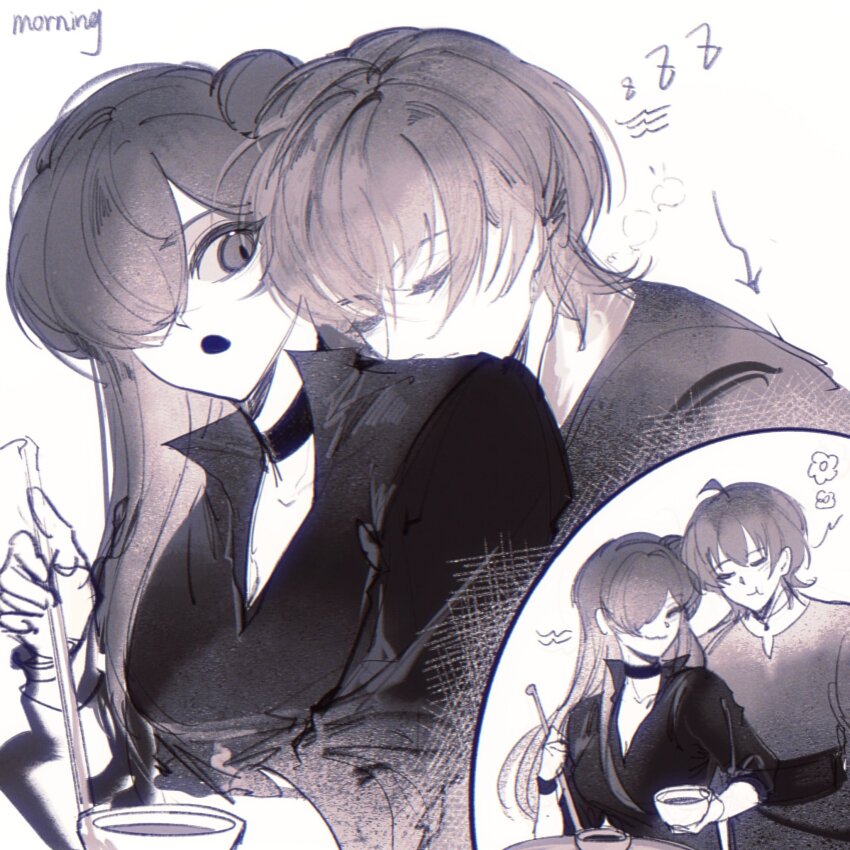 1boy 1girl anshango choker closed_eyes commentary cooking female_shez_(fire_emblem) fire_emblem fire_emblem:_three_houses fire_emblem_warriors:_three_hopes hair_bun hair_over_one_eye highres hug hug_from_behind long_hair long_sleeves looking_at_another male_byleth_(fire_emblem) nintendo one_eye_covered shirt short_hair simple_background single_hair_bun sleepy smile symbol-only_commentary zzz
