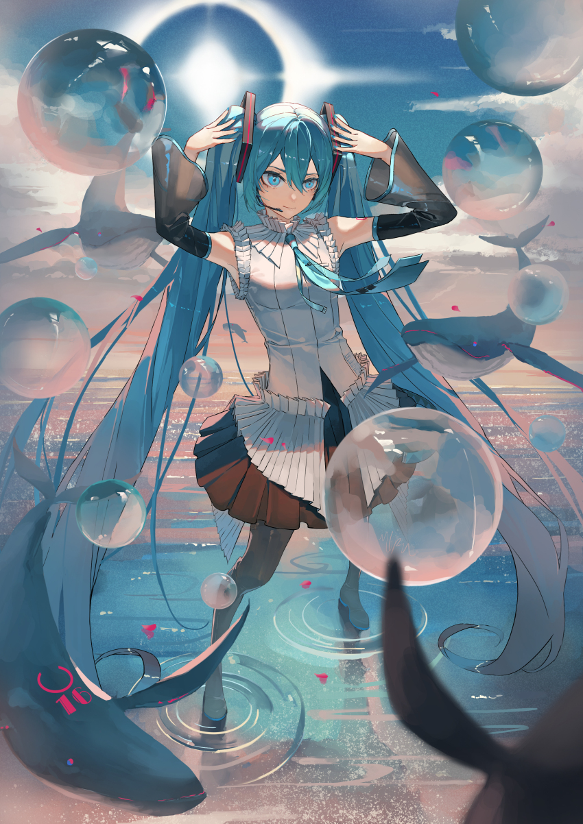 1girl absurdres aqua_eyes aqua_hair aqua_necktie armpits arms_up bare_shoulders black_boots black_skirt black_sleeves blue_nails boots breasts bubble character_name cloud cloudy_sky collar commentary detached_sleeves dusk english_commentary frilled_collar frilled_shirt frills full_body hair_between_eyes hair_ornament hatsune_miku hatsune_miku_happy_16th_birthday_-dear_creators- highres long_hair necktie ocean ripples rong_kui_baku shirt skirt sky sleeveless sleeveless_shirt small_breasts solo standing standing_on_liquid thigh_boots twintails very_long_hair vocaloid whale white_shirt white_sleeves
