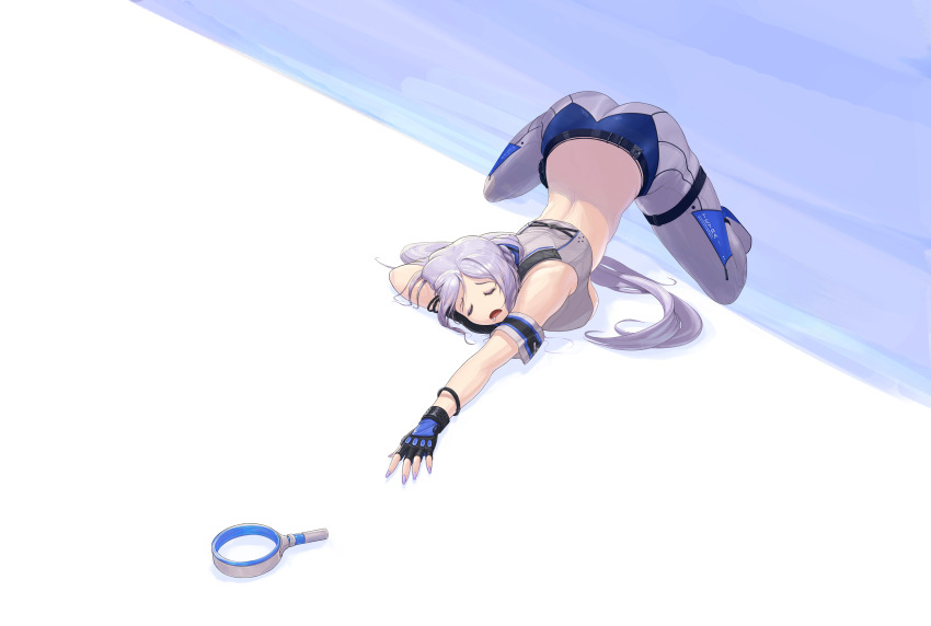 1girl absurdres arm_support armband ass back belt black_gloves bladeless_fan blue_bow blue_gloves bow breasts closed_eyes crop_top d: exhausted fingerless_gloves folkwang_(nikke) gloves goddess_of_victory:_nikke hair_bow highres jnxc large_breasts light_purple_hair long_hair nail_polish open_mouth pants purple_nails skin_tight solo sunlight thigh_belt thigh_strap top-down_bottom-up two-tone_gloves underboob white_pants
