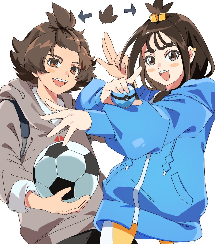 1boy 1girl arrow_(symbol) ball blue_jacket blush_stickers brown_eyes brown_hair cocoladesu crossover dive_ball grey_hoodie highres holding holding_ball holding_poke_ball hood hoodie inazuma_eleven_(series) inazuma_eleven_victory_road jacket kisoji_heita lida_(pokemon) looking_at_viewer nintendo open_mouth poke_ball pokemon pokemon_legends:_z-a soccer_ball teeth trait_connection upper_body upper_teeth_only