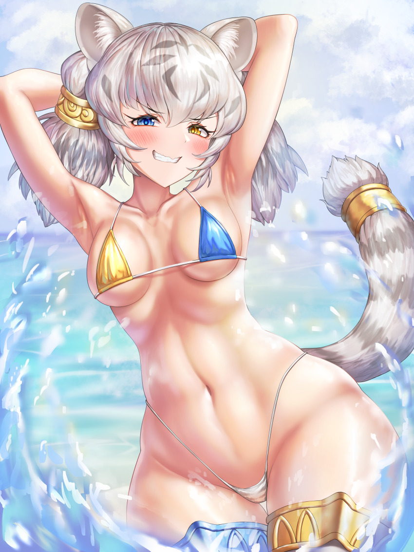 1girl absurdres alternate_breast_size animal_ears armpits arms_behind_head arms_up bikini blue_eyes blush breasts byakko_(kemono_friends) collarbone cowboy_shot day eyelashes grey_hair grin groin hair_between_eyes half-closed_eyes heterochromia highleg highleg_bikini highres horizon kemono_friends kemono_friends_3 leaning_to_the_side long_hair looking_at_viewer medium_breasts micro_bikini multicolored_hair navel neukkom ocean outdoors sky smile solo splashing stomach swimsuit tail tail_ornament tail_ring thigh_gap thighhighs thong_bikini tiger_ears tiger_girl tiger_tail twintails v-shaped_eyebrows wading water white_hair yellow_eyes
