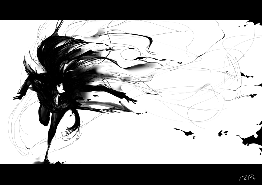 1girl artist_name floating_hair greyscale hair_over_one_eye highres leg_up long_bangs long_hair manhattan_cafe_(umamusume) monochrome necktie no_mouth pantyhose ringring_(artist) running signature simple_background smoke smoke_trail solo umamusume very_long_hair white_background