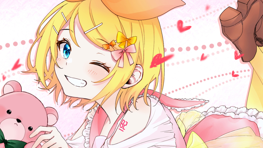 1girl arm_tattoo back_bow blonde_hair blue_eyes blush boots bow brown_boots clothing_cutout commentary_request feet_up frilled_sailor_collar frilled_shirt_collar frilled_skirt frills full_body hair_between_eyes hair_bow hair_ornament hairpin heart kagamine_rin looking_at_viewer lying medium_hair number_tattoo on_stomach one_eye_closed open_mouth orange_bow pantyhose pink_background pink_bow pink_sailor_collar pink_shirt pink_skirt sailor_collar shirt short_sleeves shoulder_cutout sidelocks skirt solo stuffed_animal stuffed_toy swept_bangs tattoo teddy_bear teeth tono_kabeuchi vocaloid white_background yellow_bow yellow_pantyhose