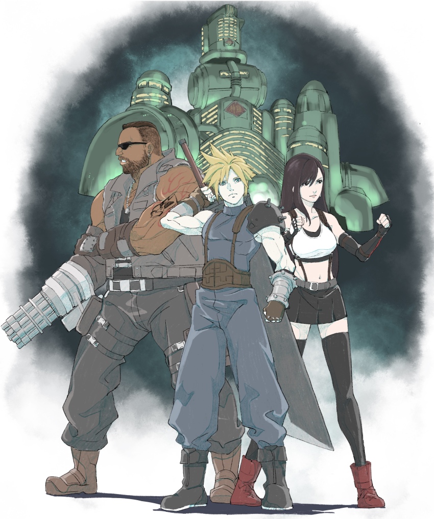 1girl 2019 2boys absurdres arm_cannon arm_tattoo asymmetrical_hair barret_wallace beard belt black-framed_eyewear black_hair black_skirt black_thighhighs black_undershirt blonde_hair brown_footwear brown_gloves brown_vest building buster_sword clenched_hands cloud_strife connected_beard facial_hair final_fantasy final_fantasy_vii fingerless_gloves gloves green_eyes highres himuro_yukichiko holding holding_behind_back holding_sword holding_sword_behind_back holding_weapon holding_weapon_behind_back jewelry multiple_boys muscular muscular_male necklace prosthetic_weapon red_footwear shirt short_hair sidecut skirt soldier_uniform spiked_hair sword tattoo thighhighs tifa_lockhart undercut very_short_hair vest weapon white_shirt