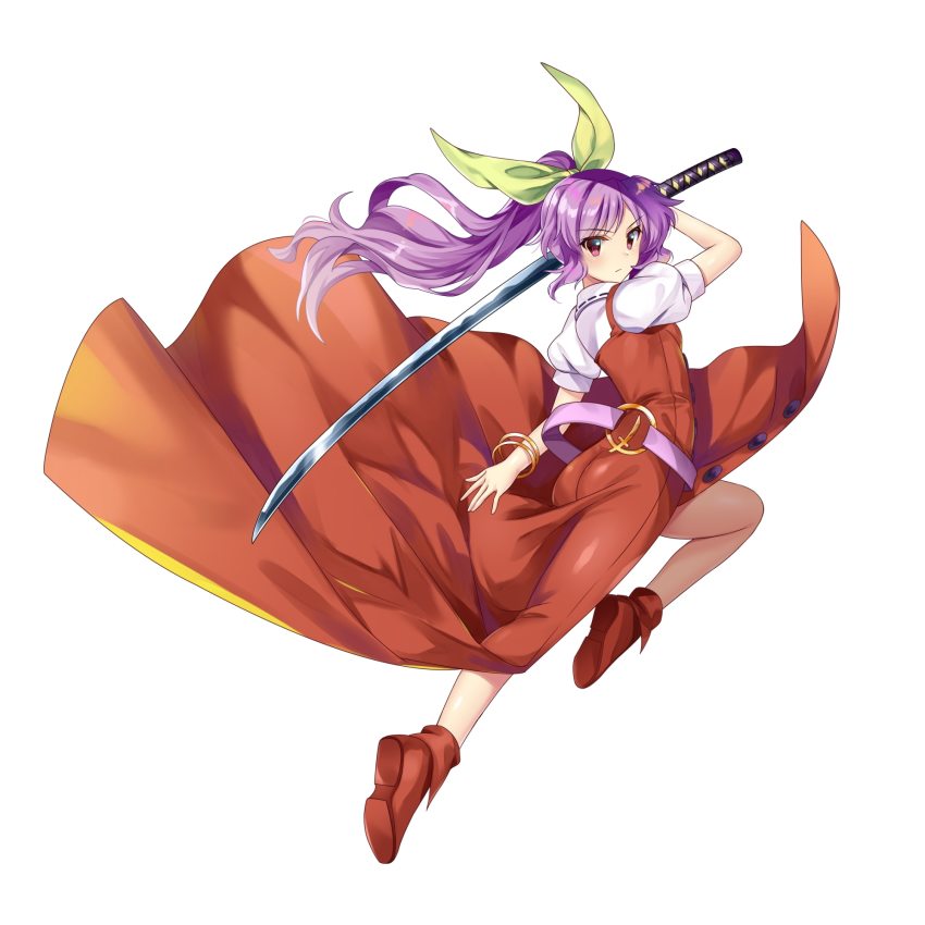 belt boots bow bracelet breasts brown_boots buttons dress hair_ribbon high_ponytail highres jewelry katana long_hair loose_belt non-web_source ponytail purple_eyes purple_hair red_dress red_eyes ribbon silent_sinner_in_blue small_breasts solo sword touhou touhou_bougetsushou watatsuki_no_yorihime weapon