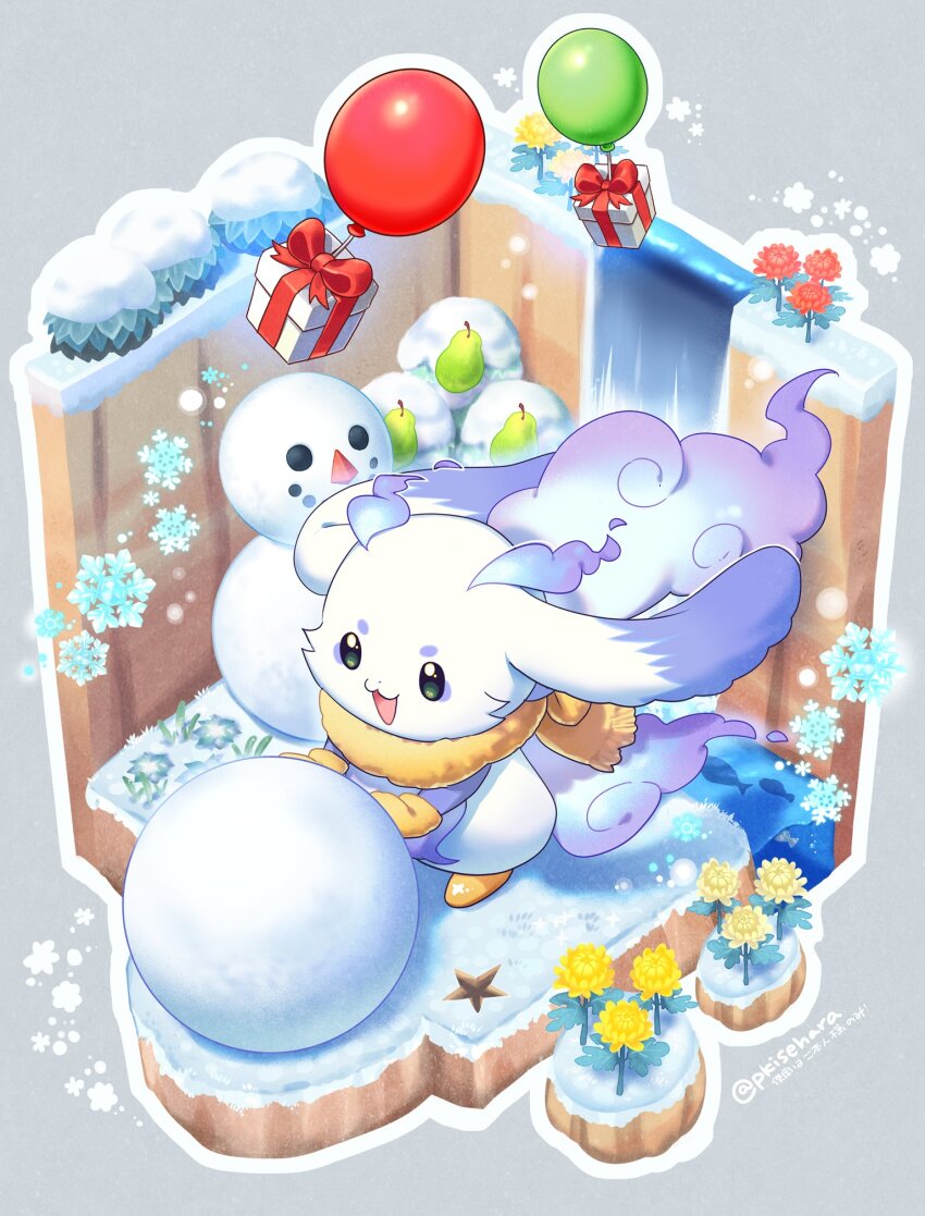1other :3 :d animal_crossing artist_name balloon boots box bush chibikemo chrysanthemum commentary_request fish flower food fruit fruit_tree gift gift_box grass green_eyes grey_background highres isometric lunlun_(nijisanji) mittens nijisanji nintendo open_mouth outline pear pjkuasu red_flower scarf simple_background smile snow snowball snowflakes snowing snowman solo standing tree twitter_username virtual_youtuber water waterfall white_outline yellow_boots yellow_flower yellow_mittens yellow_scarf