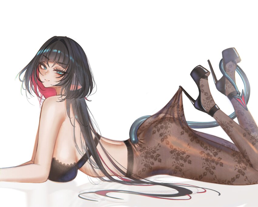 1girl alternate_costume animal_ears ass bare_shoulders black_bra black_hair black_shoes blue_eyes bra breasts brown_pantyhose closed_mouth commentary english_commentary floral_print_pantyhose from_side grey_tail high_heels highres hooked_on_heel jane_doe_(zenless_zone_zero) lace_pantyhose lace_pantyhose_hooked_on_heel_(meme) large_breasts long_hair long_tail looking_at_viewer lying meme mouse_ears mouse_girl mouse_tail no_shirt on_stomach pantyhose reflection s7nsles see-through_clothes sharp_tail shoes simple_background solo tail underwear white_background zenless_zone_zero