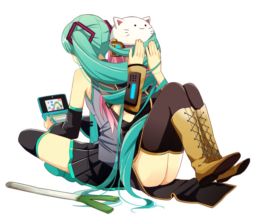 2girls animal_hat bad_id bad_pixiv_id boots cat_hat covering_face detached_sleeves green_hair handheld_game_console hat hatsune_miku knee_boots lace-up_boots long_hair megurine_luka multiple_girls necktie nintendo_3ds pink_hair simple_background sitting skirt spring_onion thigh_boots thighhighs toeto_(vocaloid) twintails very_long_hair vocaloid white_background yamada_(onigori105)