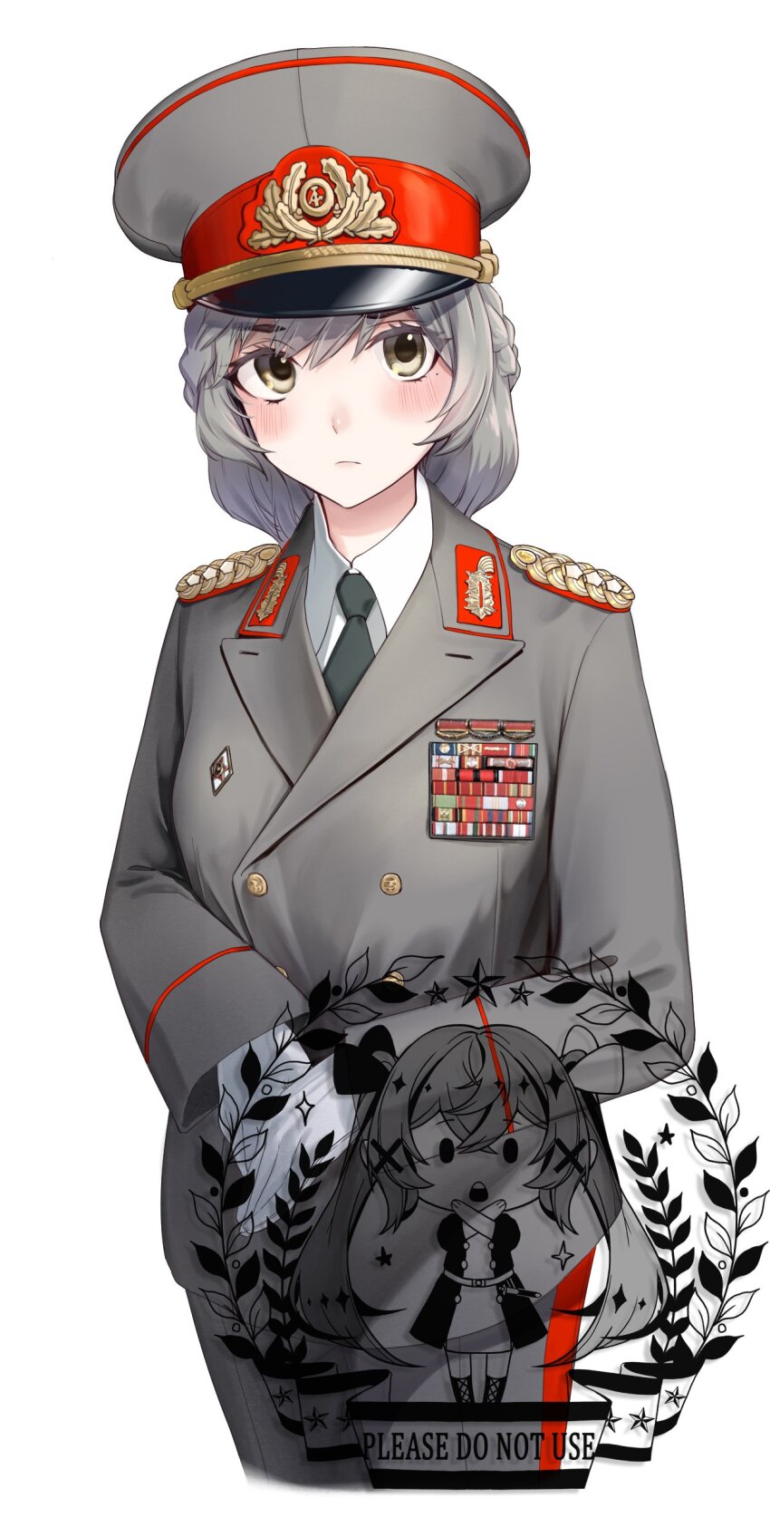 1girl absurdres black_necktie blush braid brown_eyes closed_mouth collared_shirt cropped_legs east_germany english_text gloves grey_hair grey_hat grey_jacket grey_pants hat highres jacket looking_at_viewer military military_dress_uniform military_hat military_jacket military_uniform necktie original pants peaked_cap shirt simple_background solo standing tuziki_sang watermark white_background white_gloves white_shirt