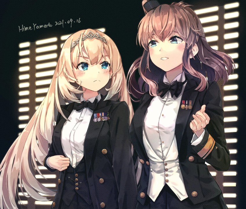 2girls alternate_costume artist_name black_bow black_jacket black_neckwear black_pants black_waistcoat blonde_hair blue_eyes blush bow bowtie brown_hair buttons closed_mouth collared_shirt copyright_name dated frown hair_between_eyes hairband high_side_ponytail highres himeyamato jacket kantai_collection long_hair long_sleeves medal multiple_girls open_mouth pants pleated_skirt saratoga_(kancolle) shirt side_ponytail skirt smile the_godfather tiara upper_body vest victorious_(kancolle) waistcoat white_shirt white_waistcoat