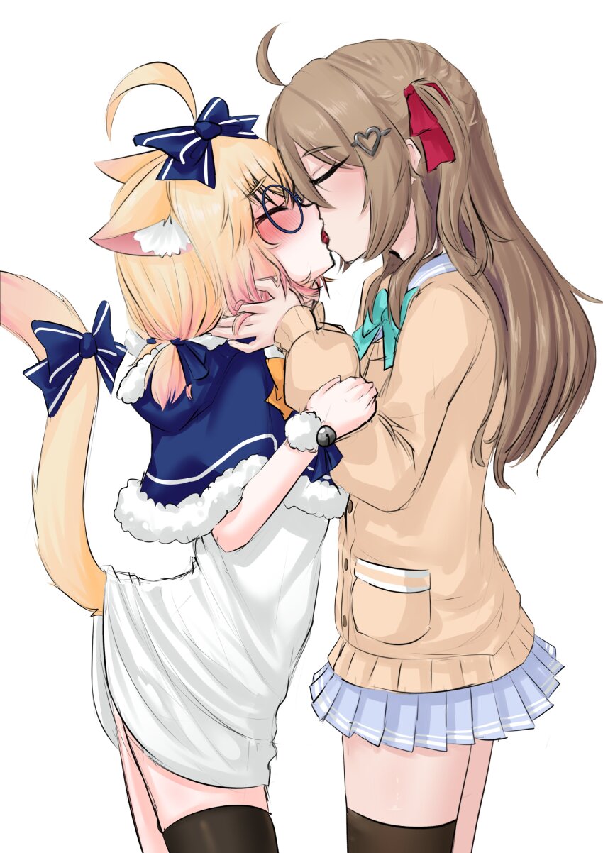 2girls absurdres ahoge animal_ear_fluff animal_ears bell black_thighhighs blonde_hair blue_bow blue_capelet blue_skirt blush bow bowtie brown_cardigan brown_hair capelet cardigan cat_ears cat_girl closed_eyes french_kiss fur-trimmed_capelet fur_trim glasses green_bow green_bowtie hair_bow hair_ornament hair_ribbon hairclip head_grab heart heart_hair_ornament highres indie_virtual_youtuber kiss long_hair low_twintails medium_hair minikomew multicolored_hair multiple_girls neuro-sama oversized_clothes oversized_shirt pleated_skirt pom_pom_(clothes) ribbon ritspi shirt simple_background skirt t-shirt tail tail_bow tail_ornament thighhighs twintails white_background white_shirt yuri