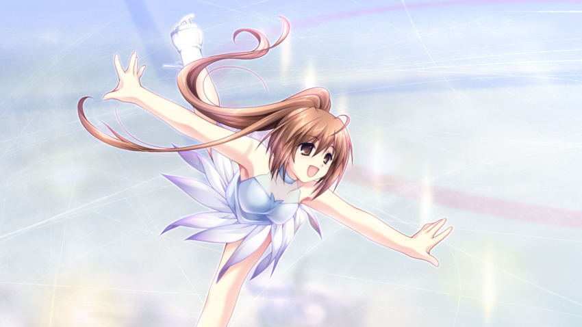 1girl :d ahoge alpha_(yukai_na_nakamatachi) armpits azai_kanon brown_eyes brown_hair dress floating_hair g-senjou_no_maou game_cg grey_dress hair_between_eyes ice_skates ice_skating leg_up long_hair open_mouth outstretched_arms outstretched_hand ponytail short_dress skates skating sleeveless sleeveless_dress smile solo very_long_hair