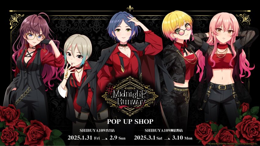 5girls ahoge belt black_eyes blonde_hair blue_eyes blue_hair breasts brown_hair buttons choker cleavage earrings english_text flower forehead fur_trim garter_straps glasses gloves green_eyes grey_hair hayami_kanade ichinose_shiki idolmaster idolmaster_cinderella_girls idolmaster_cinderella_girls_starlight_stage jacket jacket_on_shoulders jewelry jougasaki_mika leaf light_blue_hair lipps_(idolmaster) midriff miyamoto_frederica multicolored_hair multiple_girls nail_polish navel official_art open_mouth pants pink_hair promotional_art red_shirt rose see-through_clothes shiomi_syuko shirt short_shorts shorts smile vest yellow_eyes