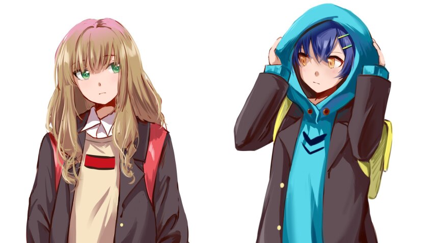 1boy 1girl adjusting_hood arms_up asanaka_yomogi backpack bag black_jacket blazer blue_hair blue_hoodie blunt_bangs brown_hair closed_mouth collared_shirt commentary dress_shirt eye_contact green_eyes gridman_universe hair_between_eyes highres hood hood_up hoodie jacket light_frown long_hair long_sleeves looking_at_another looking_to_the_side minami_yume open_clothes open_jacket red_bag sankin_(_sankin510) shirt short_hair simple_background ssss.dynazenon sweater symbol-only_commentary upper_body white_background white_shirt yellow_bag yellow_eyes yellow_sweater