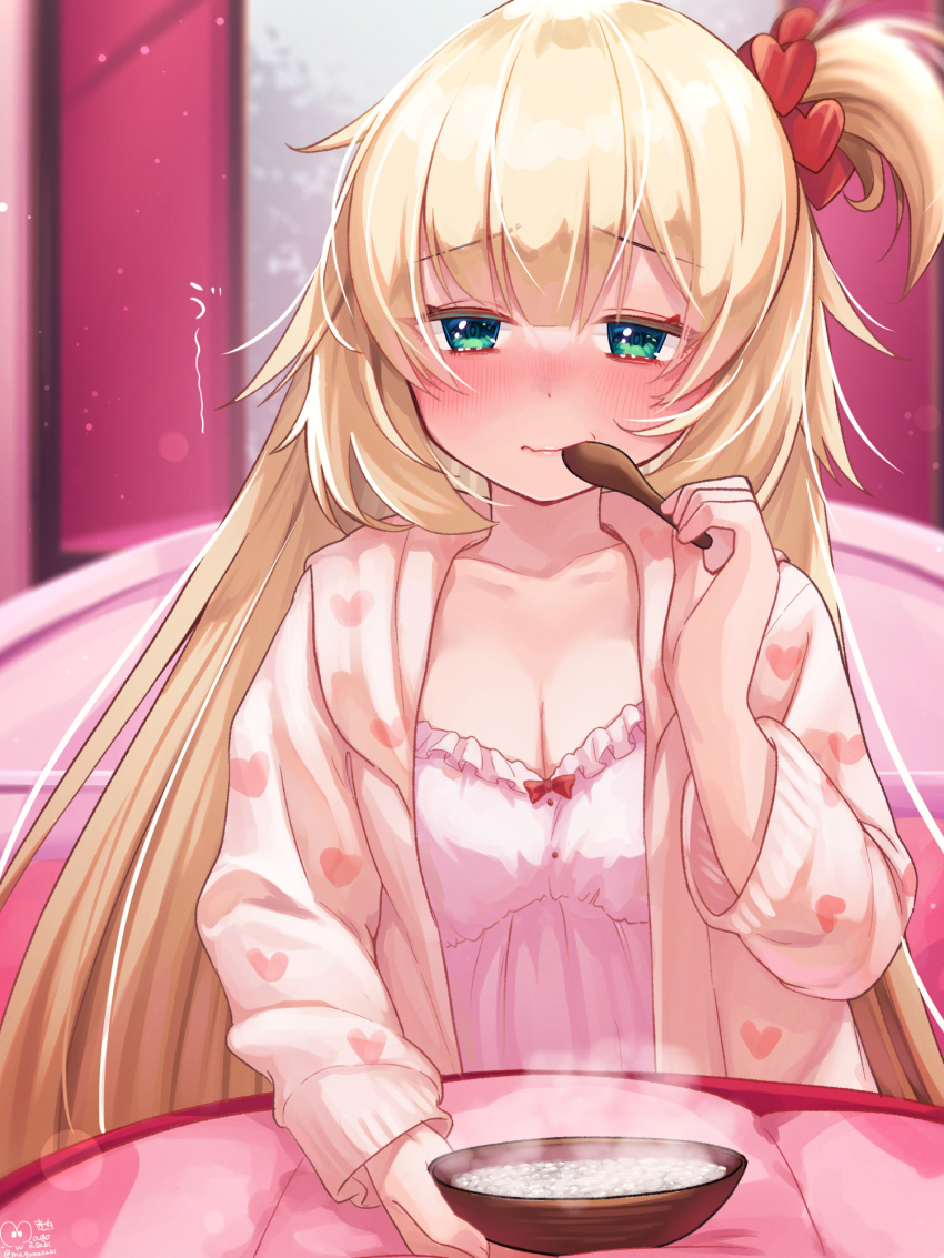 1girl akai_haato aqua_eyes blonde_hair blush bowl breasts cleavage commentary_request eating food hair_ornament half-closed_eyes heart heart_hair_ornament heart_print highres holding holding_spoon hololive indoors long_hair long_sleeves looking_at_viewer magowasabi medium_breasts on_bed one_side_up pajamas pink_pajamas porridge print_pajamas revision sick solo spoon utensil_in_mouth very_long_hair virtual_youtuber