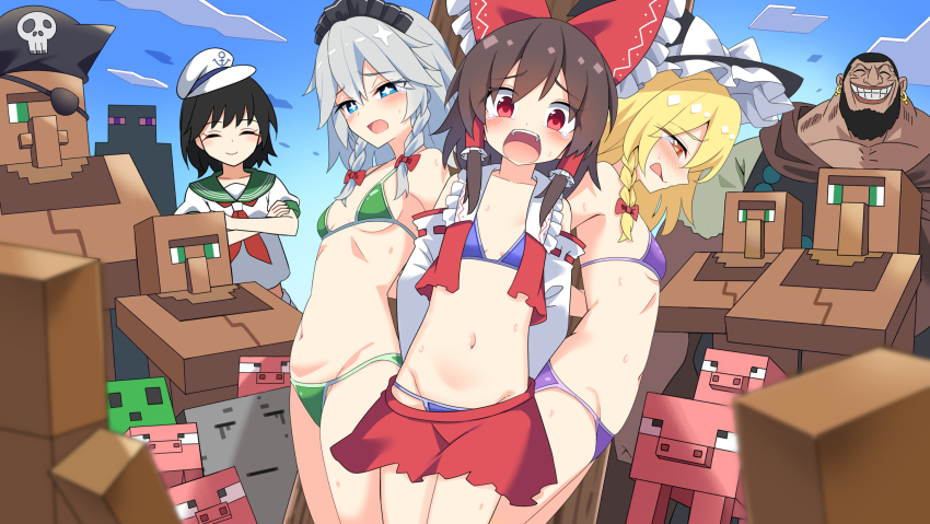 4girls alternate_costume alternate_headwear_color anchor_symbol arms_behind_back bikini bikini_under_clothes bikini_under_skirt black_hat black_headdress blonde_hair blue_bikini blue_eyes blue_sky blush bow braid breasts brown_hair character_request closed_eyes closed_mouth cloud commentary_request crossed_arms crossover detached_sleeves e.o. frilled_bow frilled_hair_tubes frills green_bikini green_sailor_collar grey_hair hair_bow hair_tubes hakurei_reimu hat hat_bow highres izayoi_sakuya kirisame_marisa long_hair maid_headdress minecraft multiple_girls murasa_minamitsu navel neckerchief open_mouth orange_eyes outdoors pig_(minecraft) pirate_hat puffy_short_sleeves puffy_sleeves purple_bikini red_bow red_eyes red_neckerchief red_skirt restrained ribbon-trimmed_sleeves ribbon_trim sailor_collar sailor_hat sailor_shirt shirt short_sleeves side_braid single_braid skirt sky smile stomach sweatdrop swimsuit torn_clothes torn_skirt touhou twin_braids villager_(minecraft) white_hat white_shirt witch_hat
