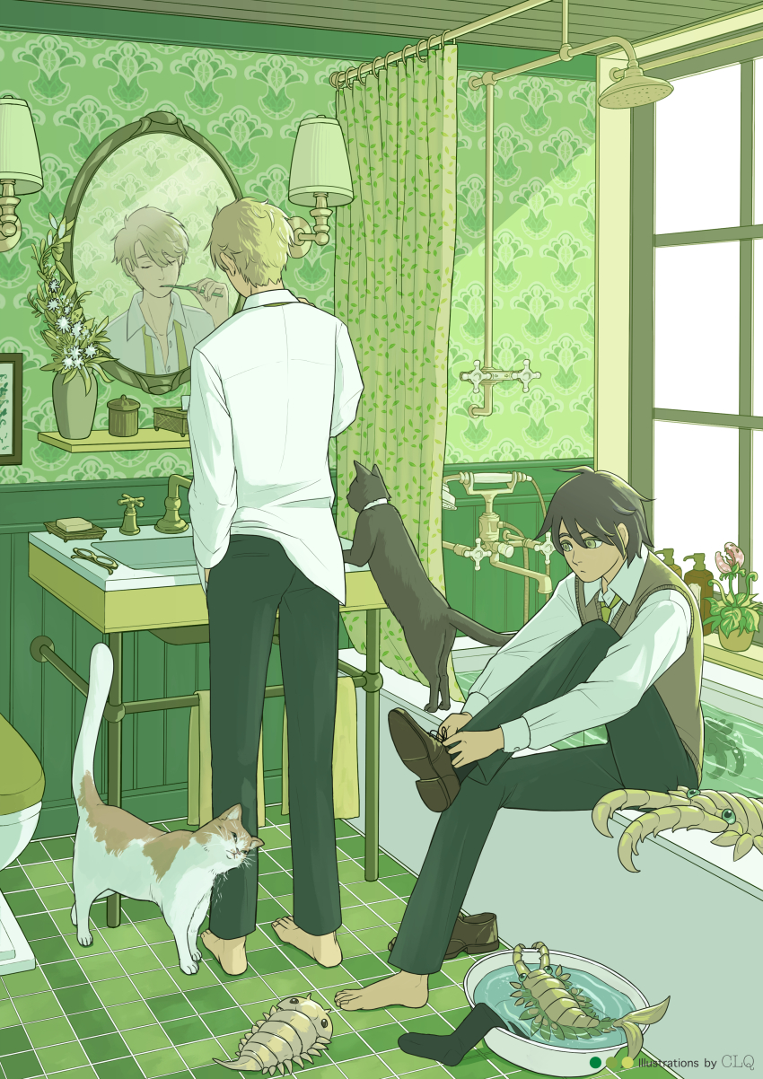 2boys absurdres animal anomalocaris artist_name bar_soap barefoot bathroom bathtub black_hair black_socks blonde_hair bowl brushing_teeth cat closed_eyes clq collared_shirt commentary_request curtains day faucet flower full_body glasses green_eyes green_theme hand_towel highres indoors long_sleeves looking_at_mirror male_focus mirror multiple_boys original pants plant potted_plant prehistoric_animal putting_on_footwear scenery shampoo_bottle shirt shoes short_hair shower_curtain sink sitting socks standing sunlight tile_floor tiles towel unworn_eyewear unworn_socks water white_flower white_shirt window