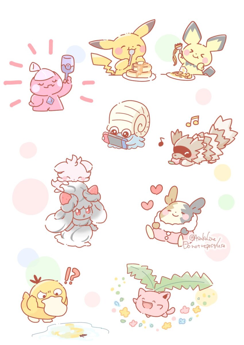 !? &gt;_&lt; :d ^_^ alcremie alternate_color animal_focus artist_name asakoline bird closed_eyes clothed_pokemon colored_skin commentary_request duck espurr floating food food-themed_creature fork game_freak gen_1_pokemon gen_2_pokemon gen_6_pokemon gen_8_pokemon hand_on_own_hip heart highres holding holding_fork holding_spoon hoppip morpeko morpeko_(full) nintendo nintendo_switch no_humans omastar open_mouth pancake pichu pikachu pink_skin plate pokemon pokemon_(creature) psyduck shell shiny_pokemon sleeping smile spoon tail tinkatink twitter_username white_background yellow_skin