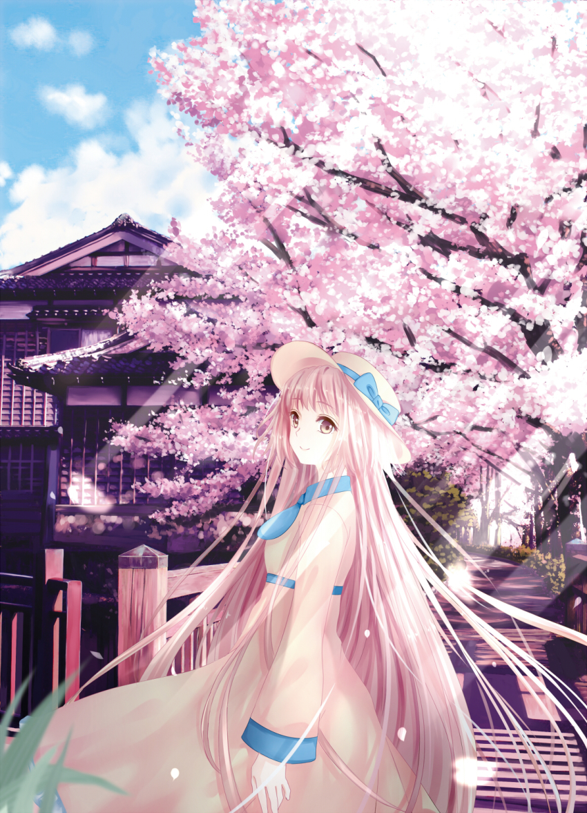 00s 1girl architecture blurry brown_eyes brown_hair building cherry_blossoms day depth_of_field dress east_asian_architecture female_focus hanato_kobato hat hat_ribbon highres kobato. long_hair long_sleeves merier outdoors petals pink_hair ribbon road sky solo sunlight tree very_long_hair yellow_dress yellow_eyes